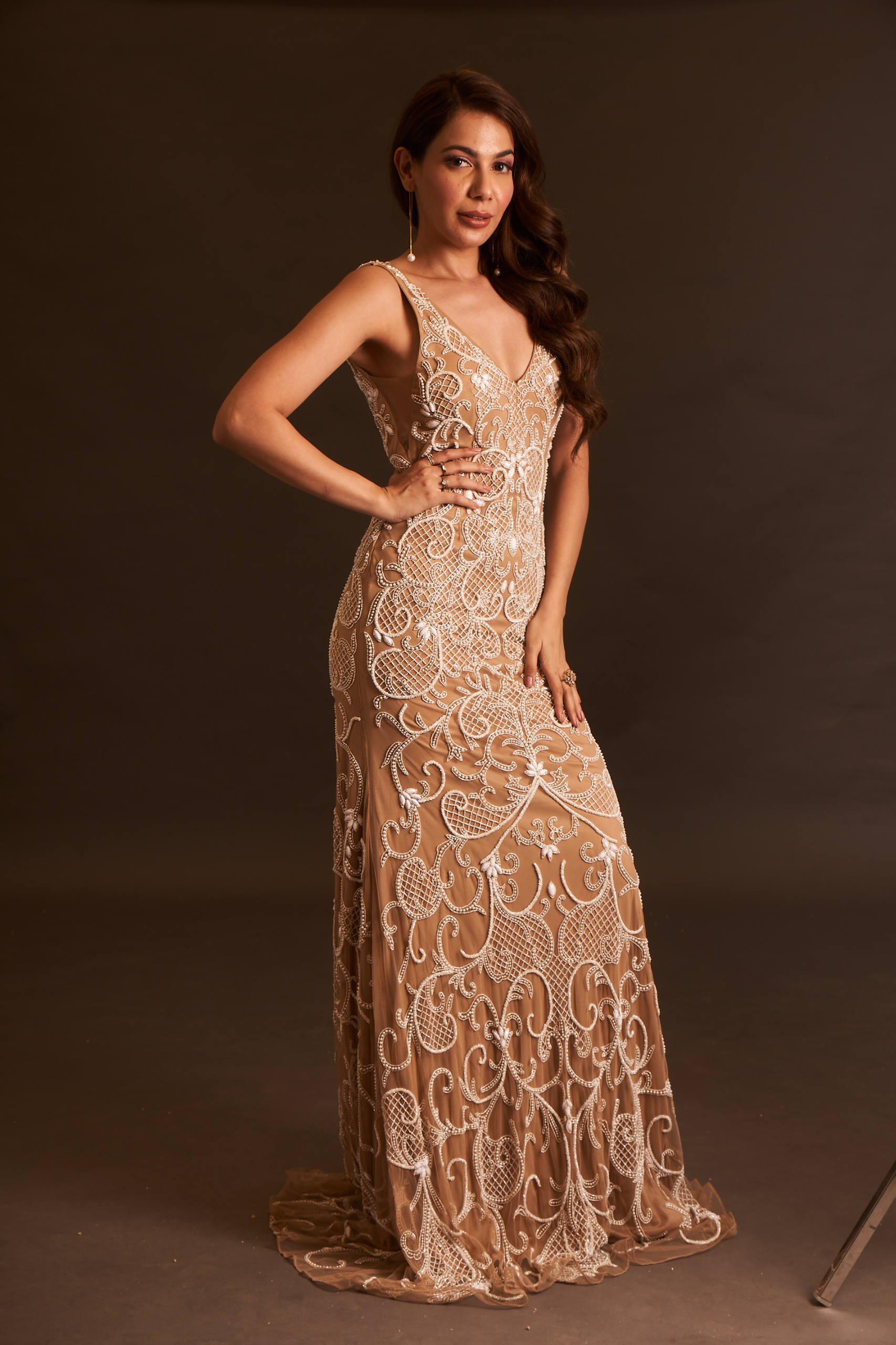 Nude Pearl Embellished Gown - Party wear