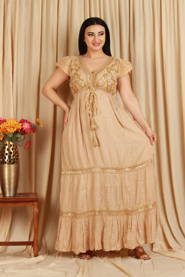 Tan Maxi Dress with Cut Embroidered Sleeve