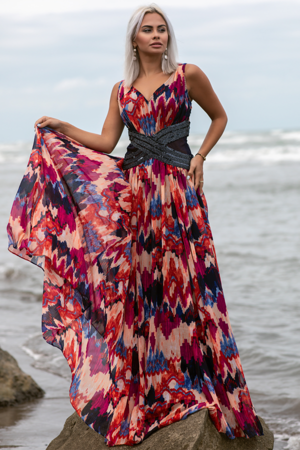 Printed Tropical Fit & Flare Gown
