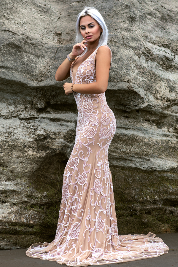 Nude Pearl Embellished Gown - Party wear