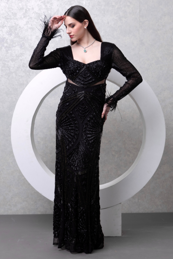 Black Embellished Gown with Fur Cuffs