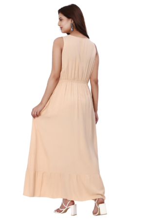 Beige Cut-Sleeve Rayon Long Dress - Back