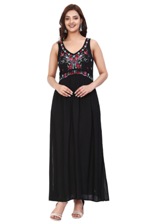 Black Embroidered Long Rayon Dress - Front