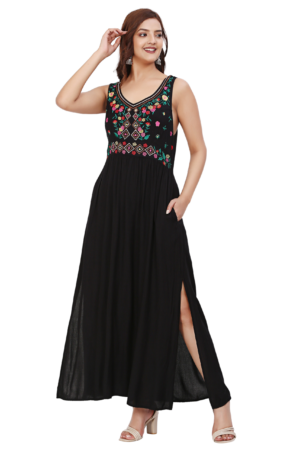 Black Embroidered Slit Dress - Front