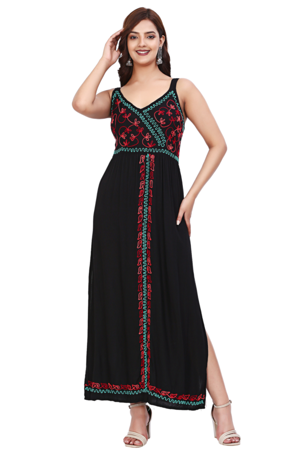 Black Floral Embroidered Rayon Maxi