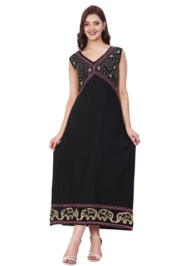 Black Long Rayon Embroidered Dress