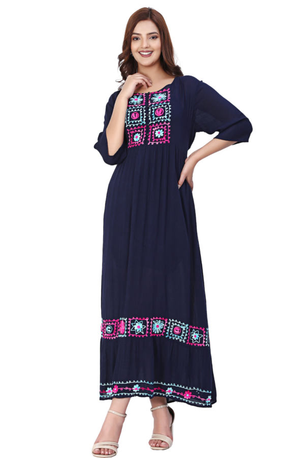 Blue Pink Embroidered Long Dress