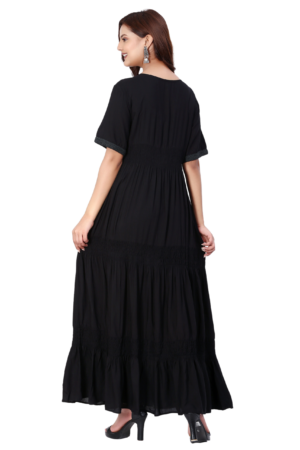 Black Rayon Embroidered Long Dress - Back