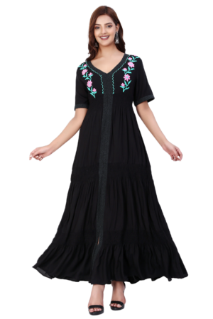 Black Rayon Embroidered Long Dress - Front