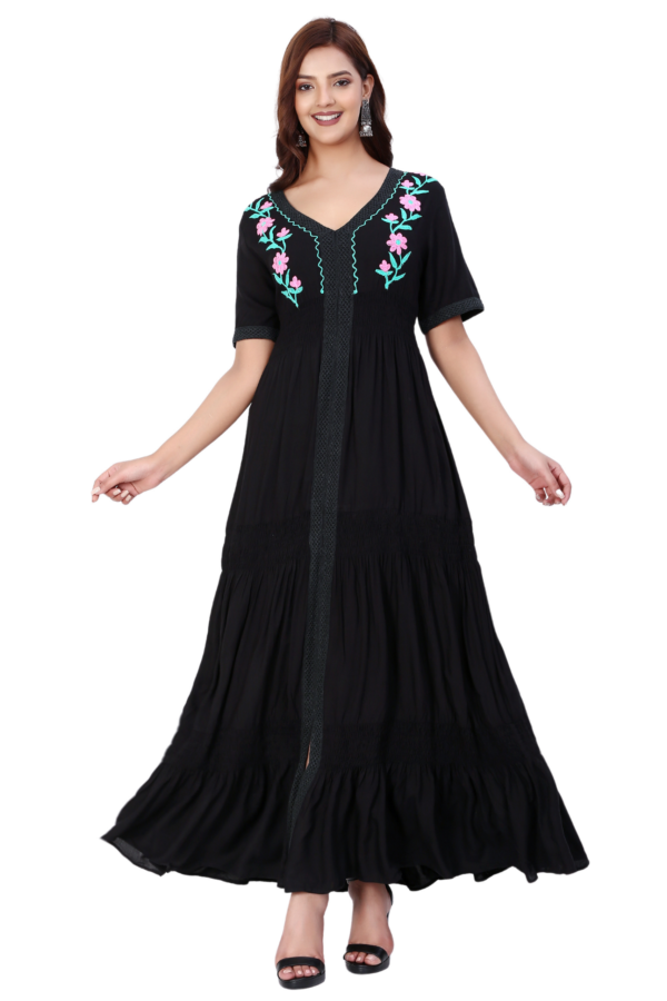 Black Rayon Embroidered Long Dress