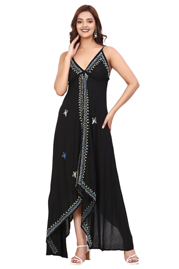 Black Rayon Strap Sleeve Beach Dress