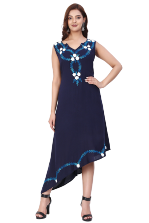 Blue Asymmetrical Embroidered Long Dress - Front