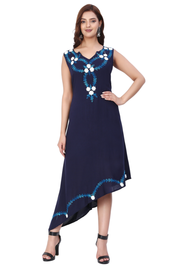 Blue Asymmetrical Embroidered Long Dress