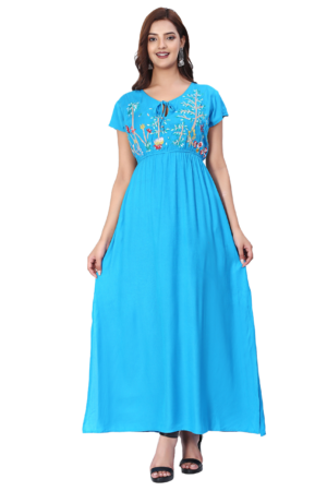 Blue Embroidered Dress With Dori - Front