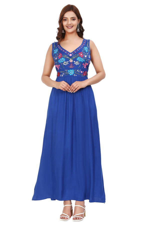 Blue Embroidered Rayon Long Dress