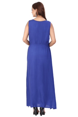 Blue Embroidered Slit Long Dress - Back