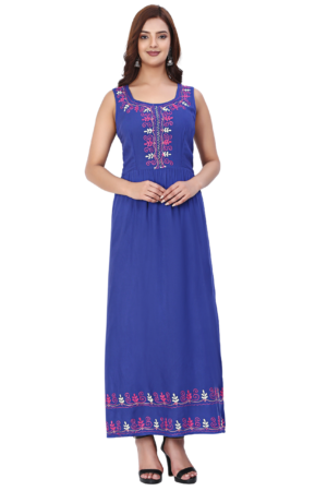 Blue Embroidered Slit Long Dress - Front
