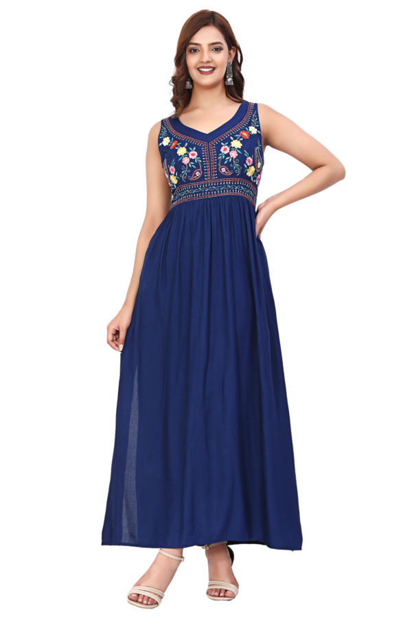 Blue Floral Embroidered Long Dress