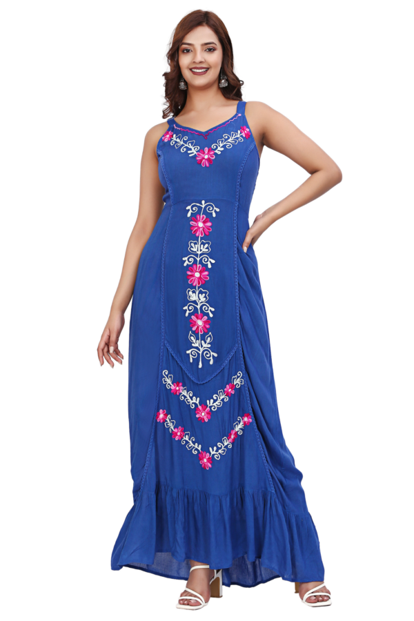 Blue Floral Embroidered Rayon dress