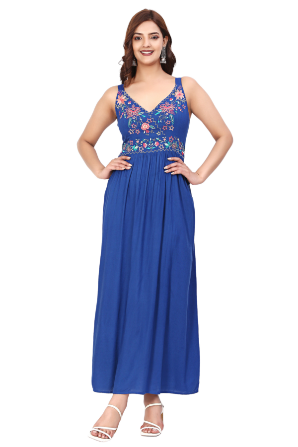 Blue Floral V-neck Embroidered Dress