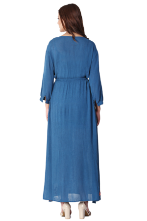 Blue Full Sleeves Long Embroidered Dress - Back