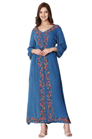 Blue Full Sleeves Long Embroidered Dress - Front
