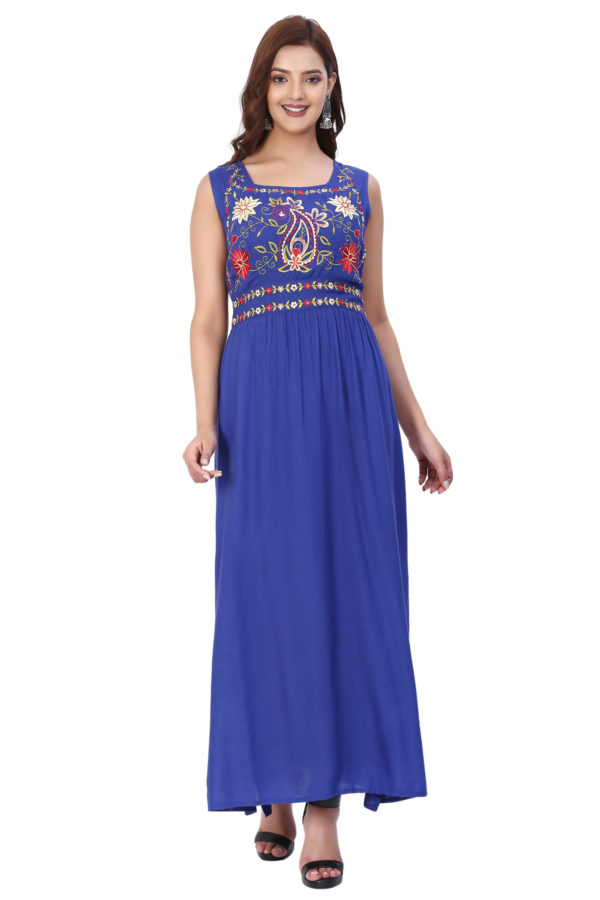 Blue Rayon Embroidered Long Dress