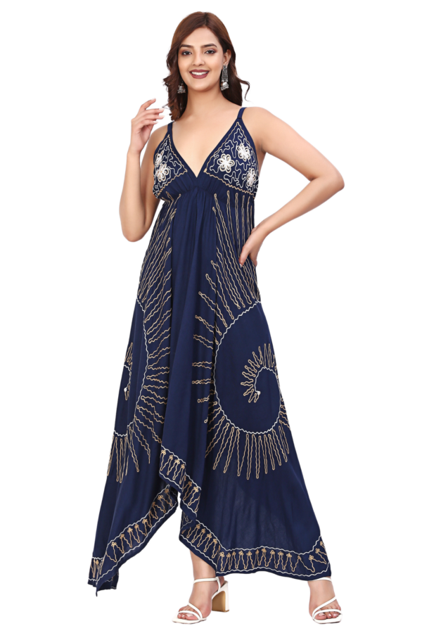 Navy Blue Abstract Embroidered Long Dress