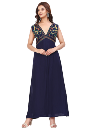 Navy Blue Cut Sleeve Long Dress - Front