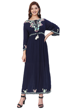 Navy Blue Embroidered Dress With Dori - Front