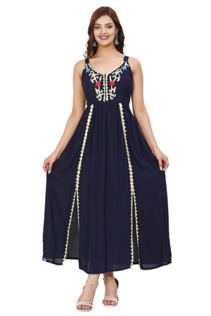 Navy Blue Fit & Flare Long Dress - Front