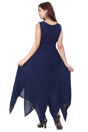 Navy Blue Fit & Flare Rayon Long Dress - Back