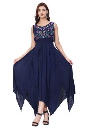Navy Blue Fit & Flare Rayon Long Dress - Front