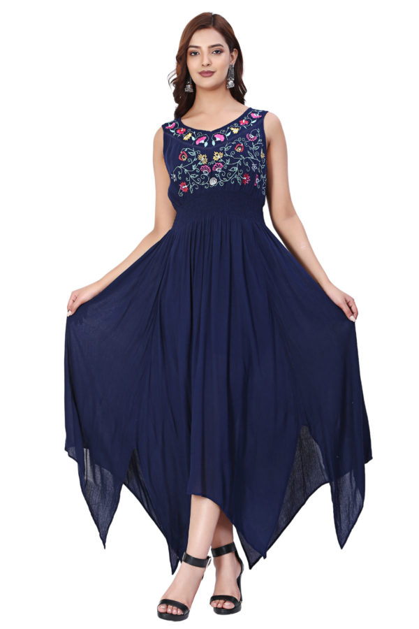 Navy Blue Fit & Flare Rayon Long Dress