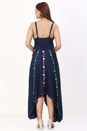 Navy Blue Floral Embroidered Long Dress - Back