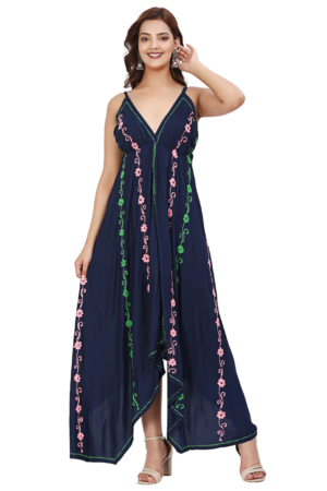 Navy Blue Floral Embroidered Long Dress - Front