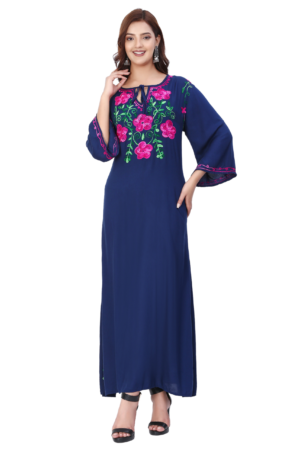 Navy Blue Floral Embroidered Straight Dress - Front