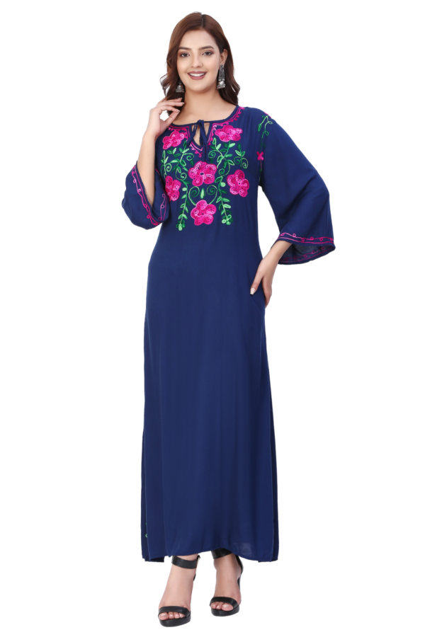Navy Blue Floral Embroidered Straight Dress