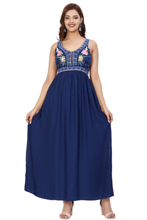Navy Blue Rayon Long Dress - Front