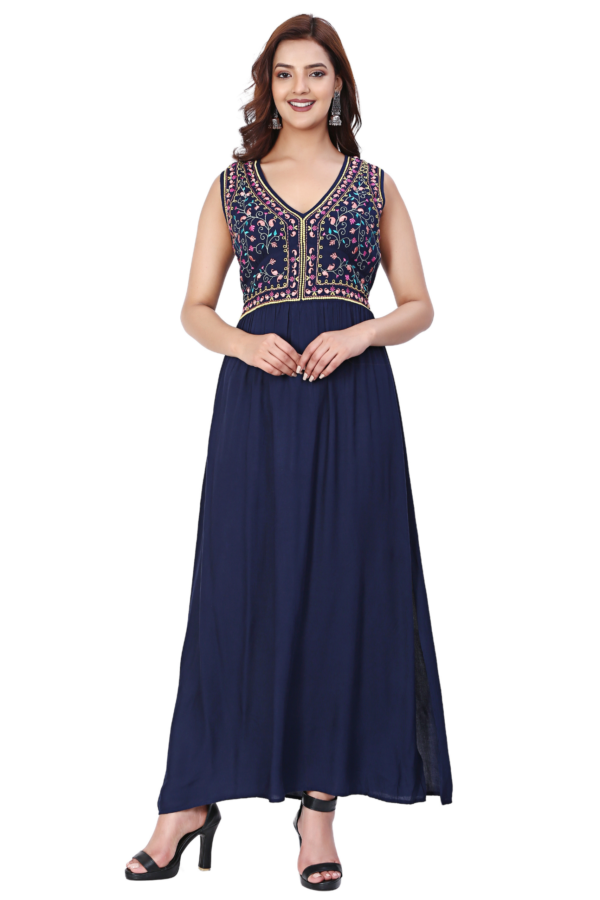 Navy Blue Rayon Long Embroidered Dress