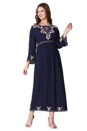 Navy Blue Round Neck Long Dress - Front