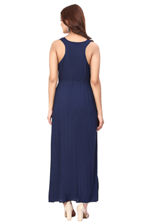 Navy Blue V-neck Rayon Embroidered Dress - Back