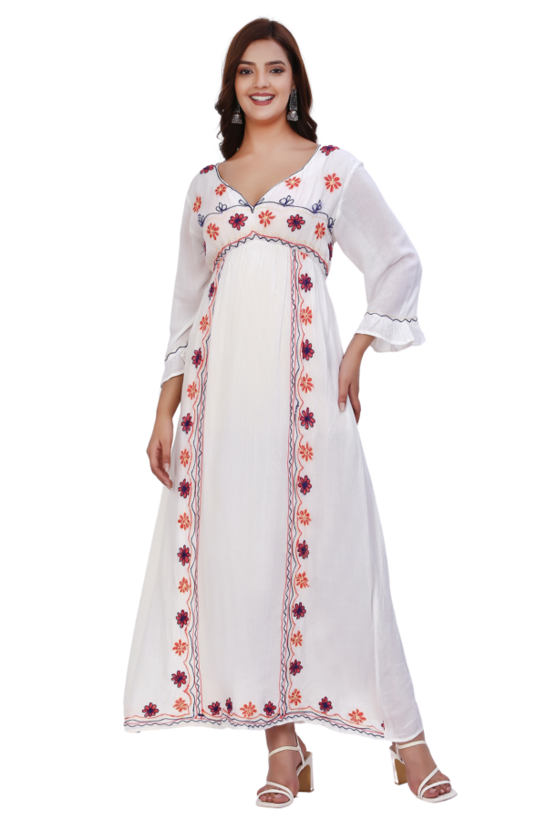 Off White V- Neck Embroidered Dress
