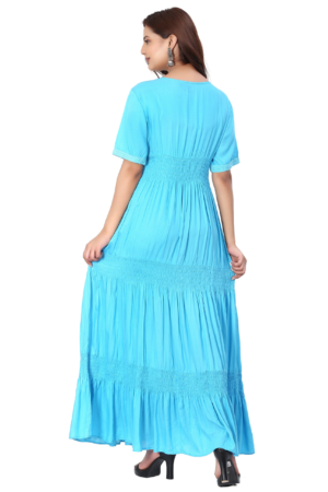 Sky Blue Embroidered Tiered Dress - Back