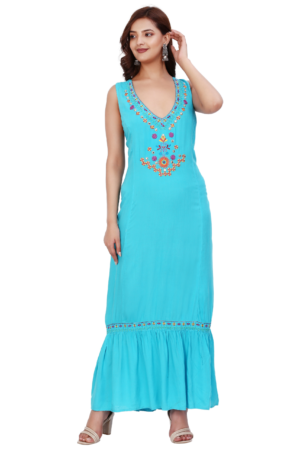 Sky Blue Rayon Gathered Dress - Front