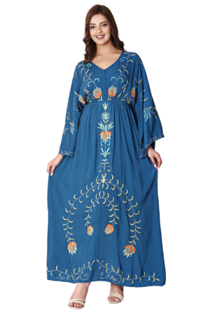 Turquoise Bell Sleeve Embroidered Dress - Front