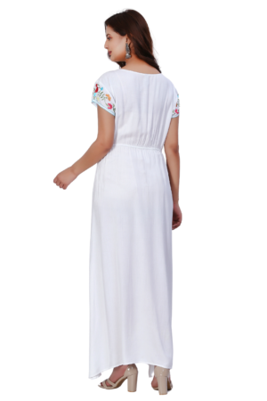 White Embroidered Cap Sleeve Long Dress - Back