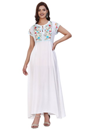 White Embroidered Cap Sleeve Long Dress- Front