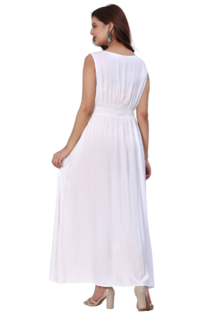 White Embroidered Cut Sleeve Long Dress - Back