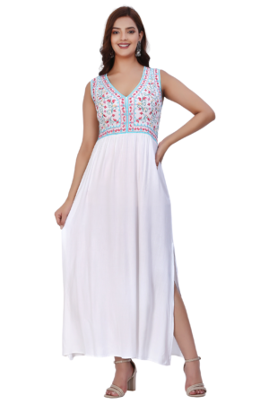 White Embroidered Cut Sleeve Long Dress - Front